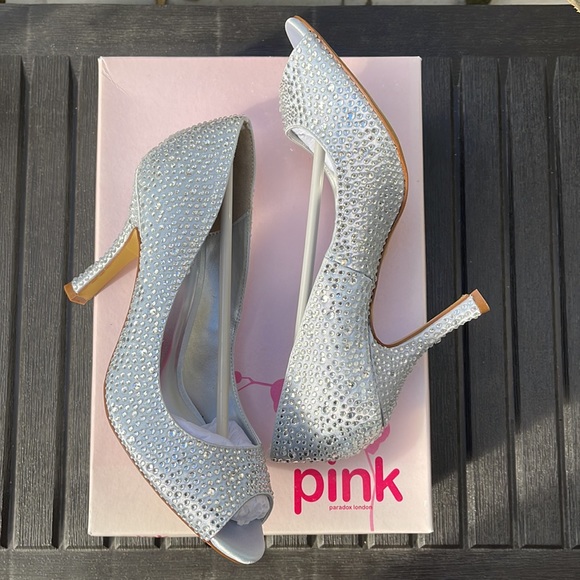 Pink Paradox London - Celebrate - Silver Satin & Rhinestone Peep Toe Heel Size 8 - Picture 10 of 16